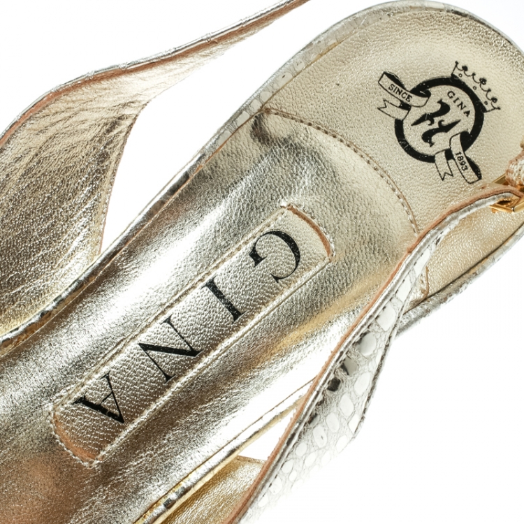 Pre Owned Gina Gold Leather Crystal Embellished Slingback Sandals Size 37.5