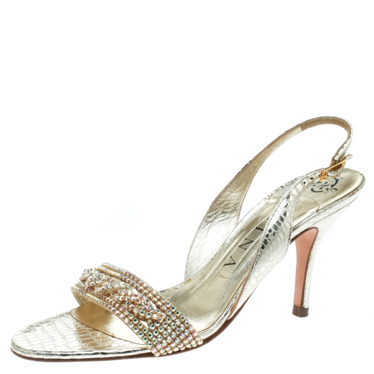 Pre Owned Gina Gold Leather Crystal Embellished Slingback Sandals Size 37.5