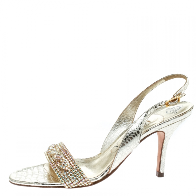 Pre Owned Gina Gold Leather Crystal Embellished Slingback Sandals Size 37.5