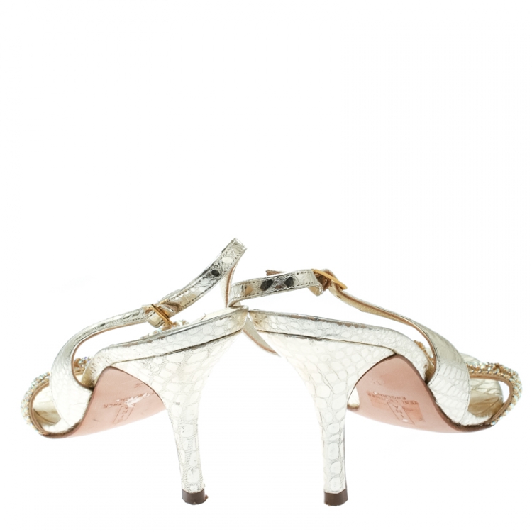 Pre Owned Gina Gold Leather Crystal Embellished Slingback Sandals Size 37.5