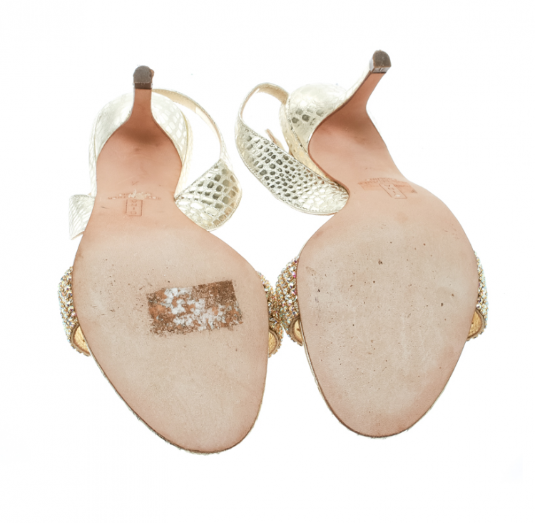 Pre Owned Gina Gold Leather Crystal Embellished Slingback Sandals Size 37.5