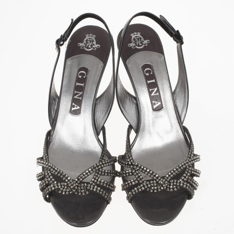 Pre Owned Gina Black Crystal Slingback Sandals Size 38.5