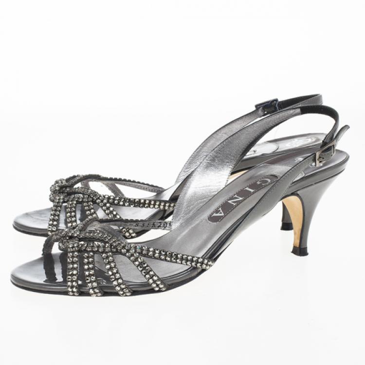 Pre Owned Gina Black Crystal Slingback Sandals Size 38.5