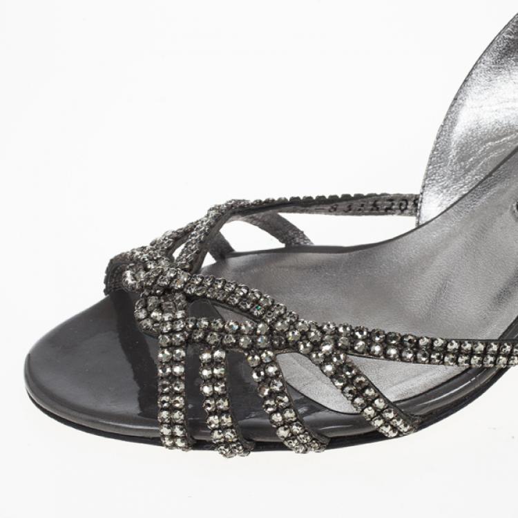 Pre Owned Gina Black Crystal Slingback Sandals Size 38.5