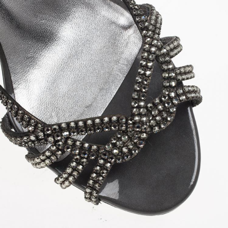 Pre Owned Gina Black Crystal Slingback Sandals Size 38.5