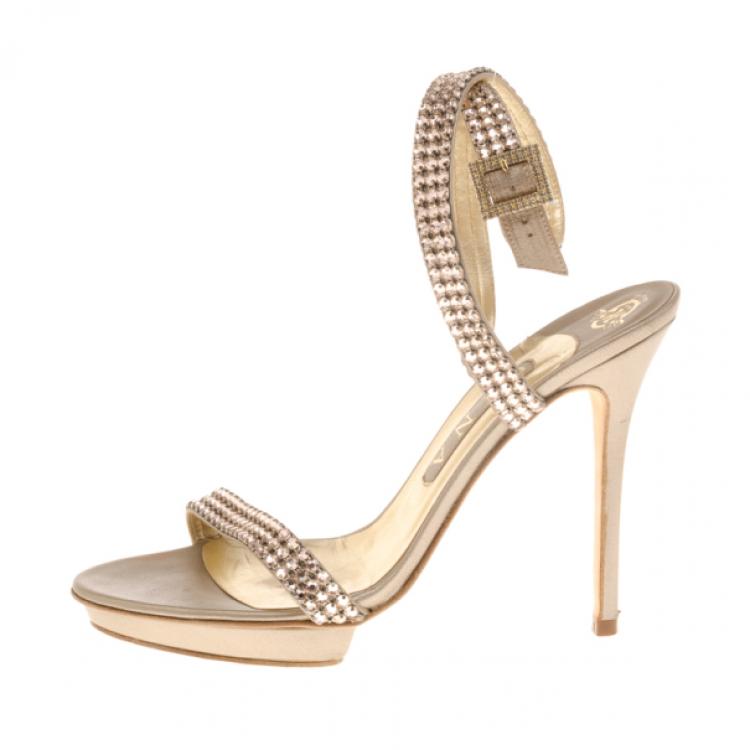 Pre Owned Gina Metallic Crystal Ankle Strap Sandals Size 39