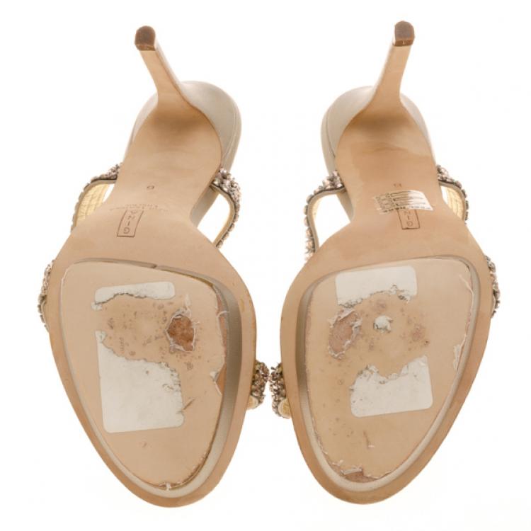 Pre Owned Gina Metallic Crystal Ankle Strap Sandals Size 39