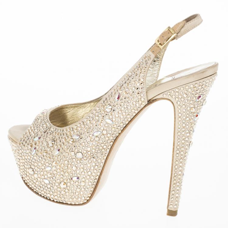 مملوكة مسبقًا Gina Camel Satin Sion Swarovski Slingback Sandals Size 37.5