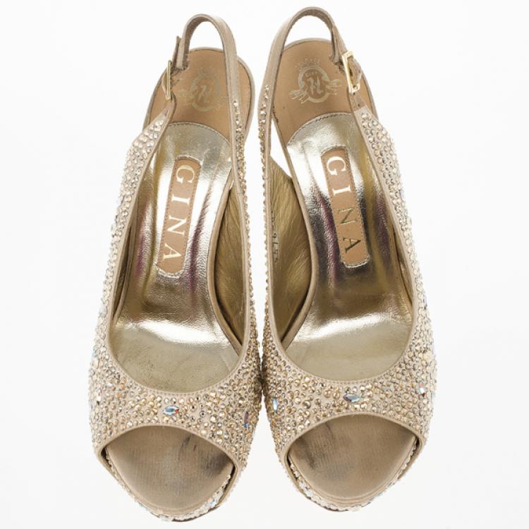 مملوكة مسبقًا Gina Camel Satin Sion Swarovski Slingback Sandals Size 37.5
