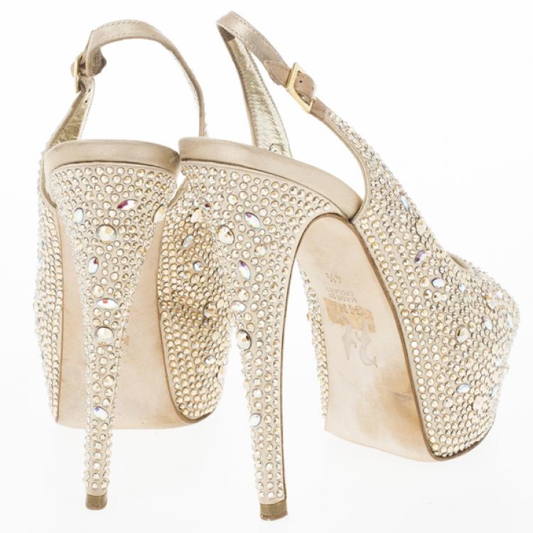 مملوكة مسبقًا Gina Camel Satin Sion Swarovski Slingback Sandals Size 37.5