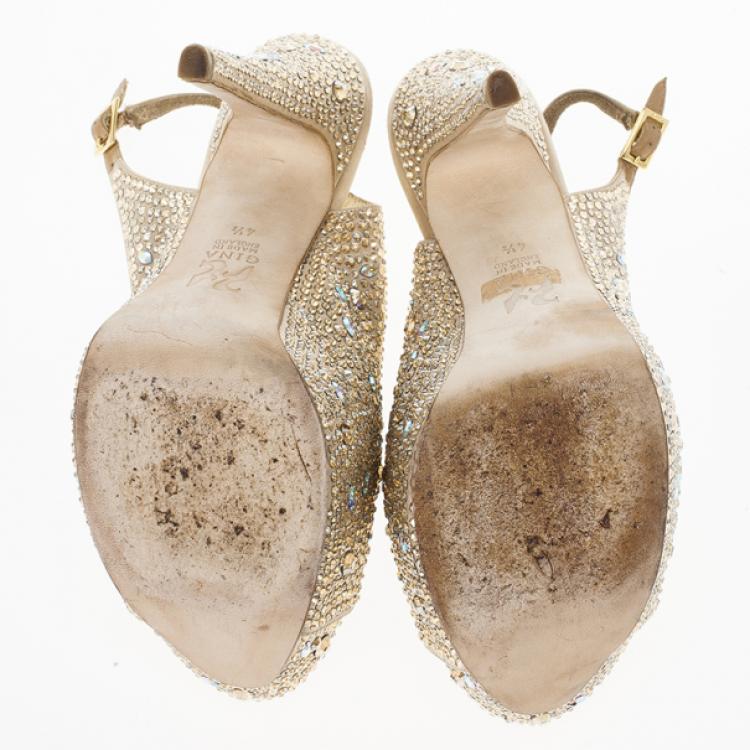 مملوكة مسبقًا Gina Camel Satin Sion Swarovski Slingback Sandals Size 37.5