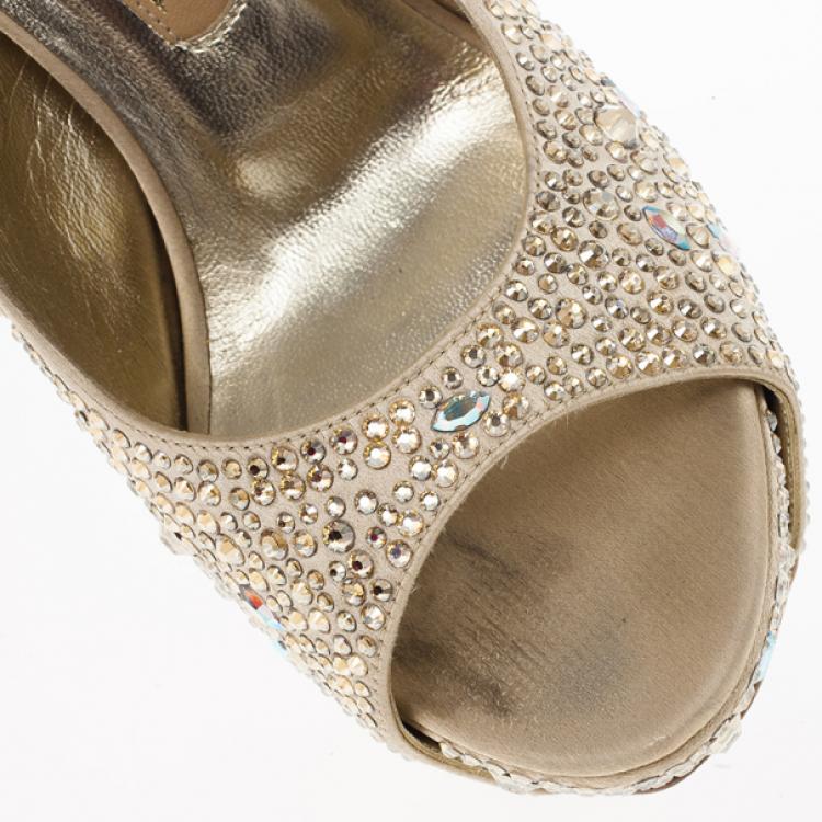 مملوكة مسبقًا Gina Camel Satin Sion Swarovski Slingback Sandals Size 37.5