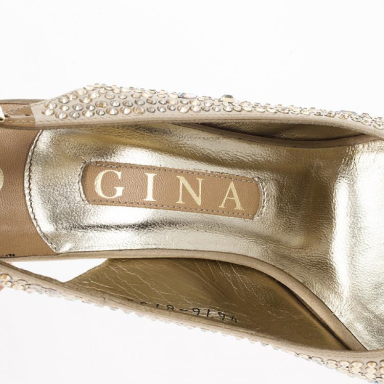 مملوكة مسبقًا Gina Camel Satin Sion Swarovski Slingback Sandals Size 37.5