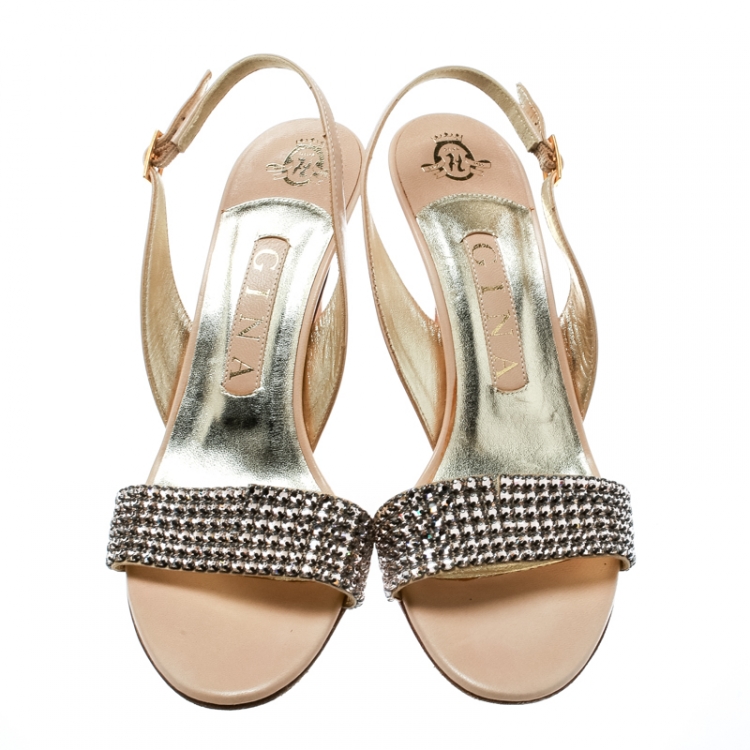 Pre Owned Gina Beige Crystal Embellished Slingback Sandals Size 37.5