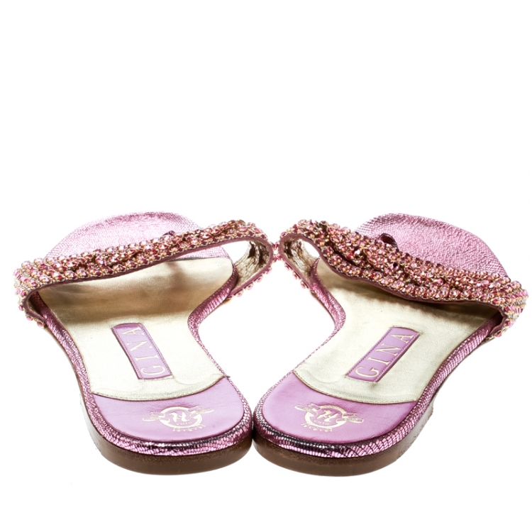 Pre Owned Gina Purple Athena Crystal Flat Sandals Size 38