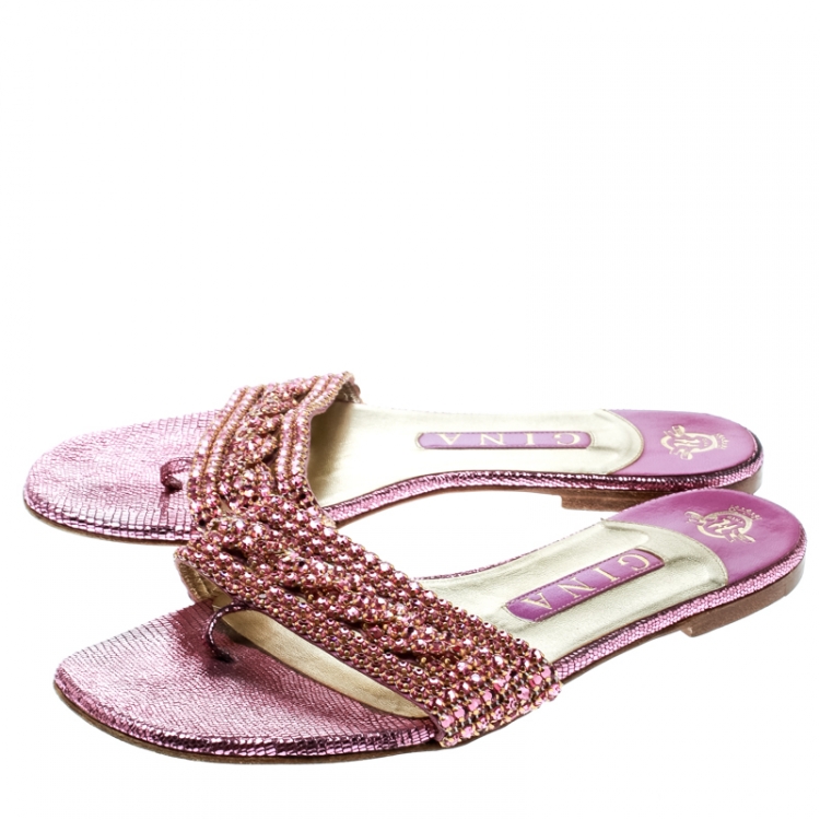 Pre Owned Gina Purple Athena Crystal Flat Sandals Size 38