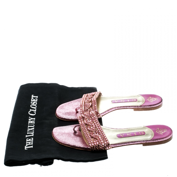 Pre Owned Gina Purple Athena Crystal Flat Sandals Size 38