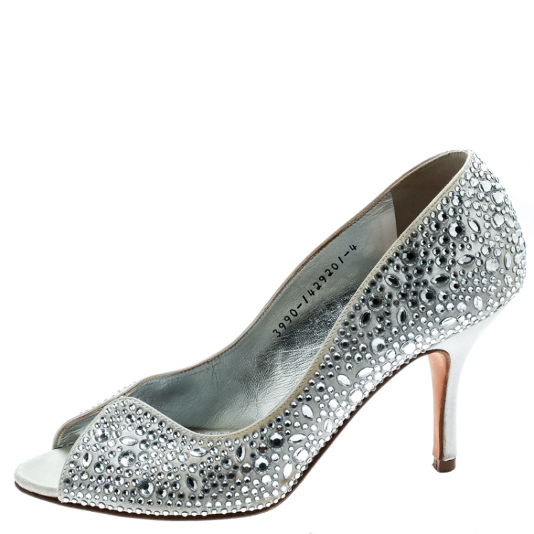 Pre Owned Gina Light Grey Satin Crystal Embellished Peep Toe Pumps Size 37