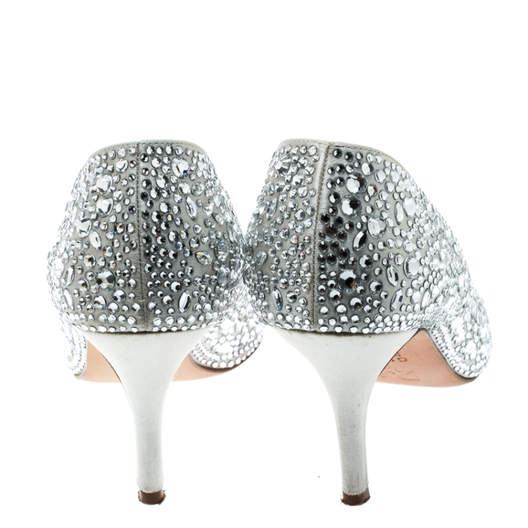 Pre Owned Gina Light Grey Satin Crystal Embellished Peep Toe Pumps Size 37