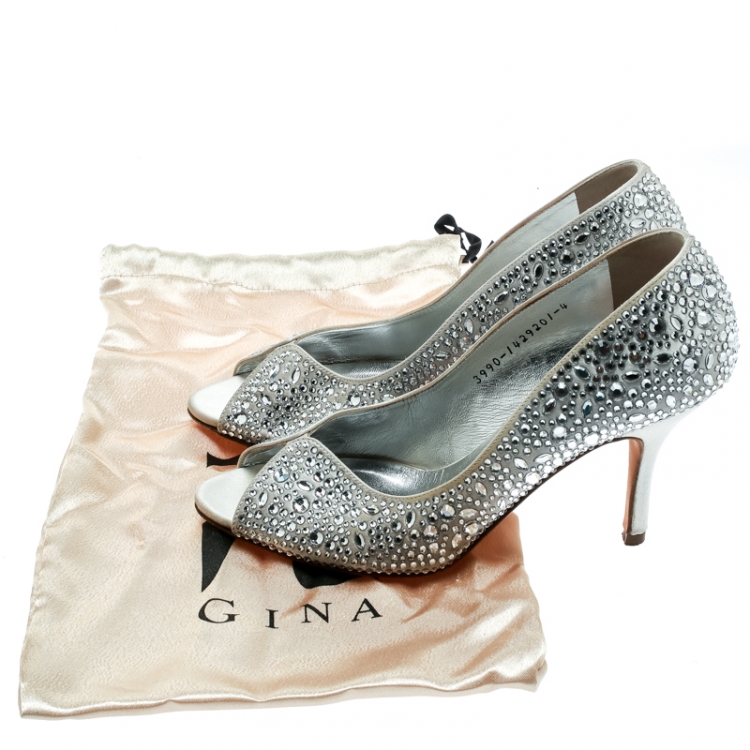 Pre Owned Gina Light Grey Satin Crystal Embellished Peep Toe Pumps Size 37