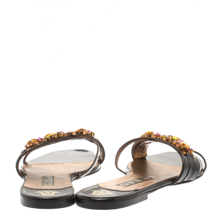 Pre Owned Gina Black Patent Leather Crystal Embellished Flat Slides Size 39.5