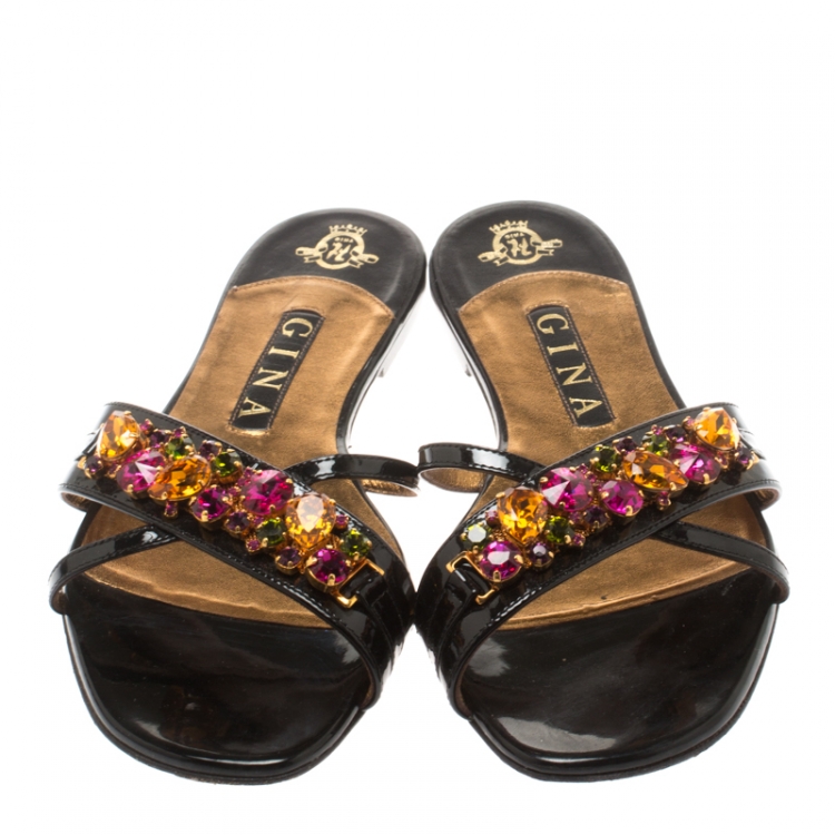 Pre Owned Gina Black Patent Leather Crystal Embellished Flat Slides Size 39.5