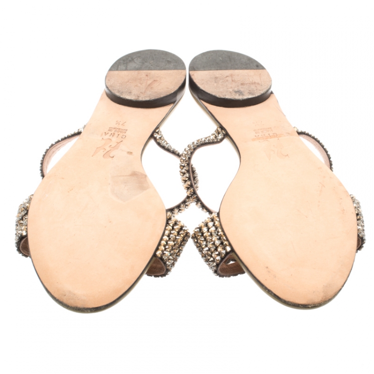 Pre Owned Gina Metallic Beige Crystal Embellished Flat Slides Size 40.5