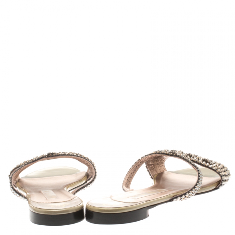Pre Owned Gina Metallic Beige Crystal Embellished Flat Slides Size 40.5