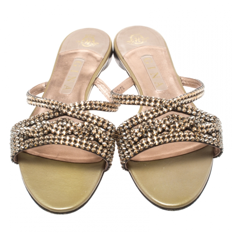 Pre Owned Gina Metallic Beige Crystal Embellished Flat Slides Size 40.5