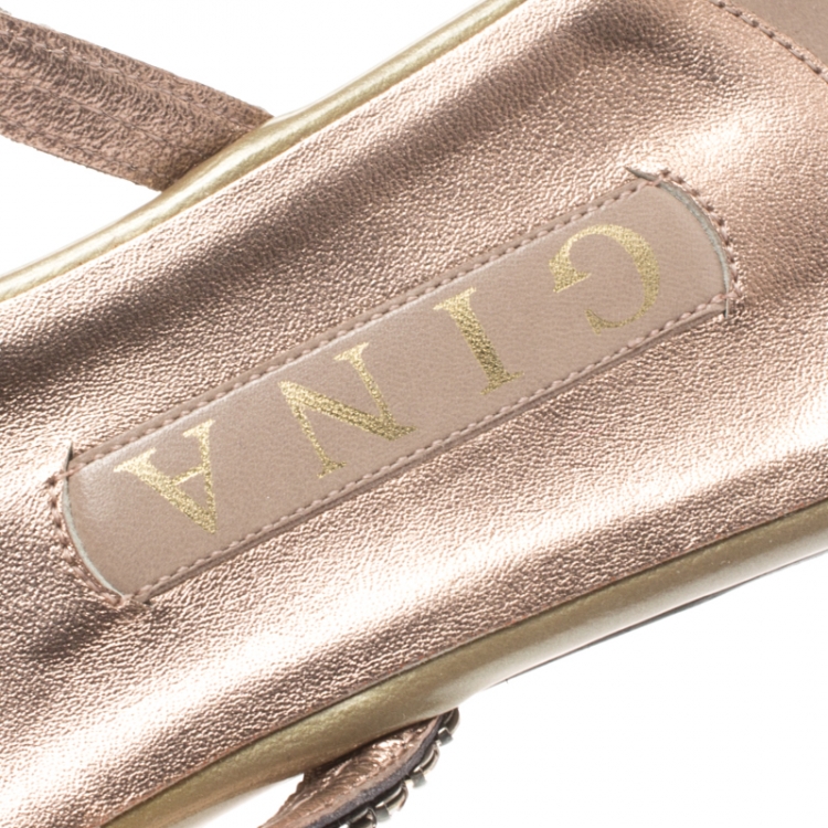 Pre Owned Gina Metallic Beige Crystal Embellished Flat Slides Size 40.5