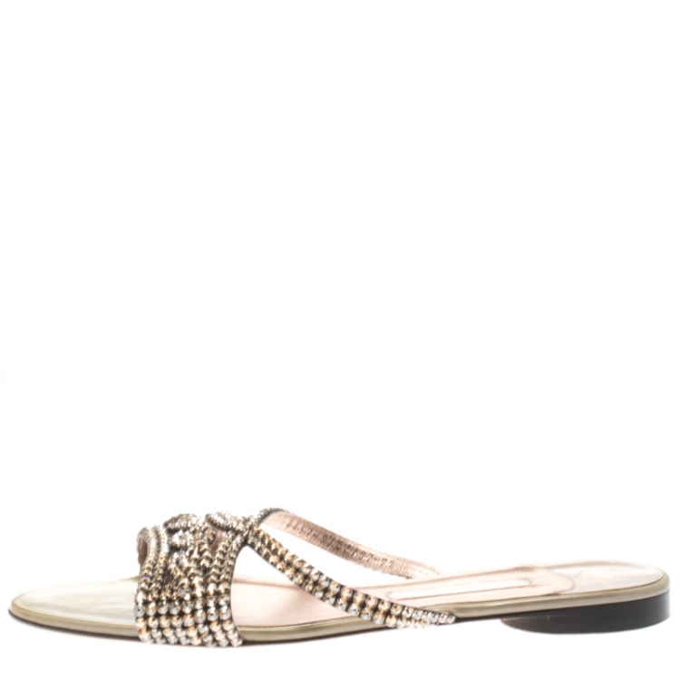 Pre Owned Gina Metallic Beige Crystal Embellished Flat Slides Size 40.5