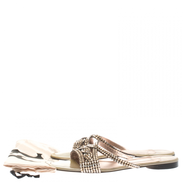 Pre Owned Gina Metallic Beige Crystal Embellished Flat Slides Size 40.5