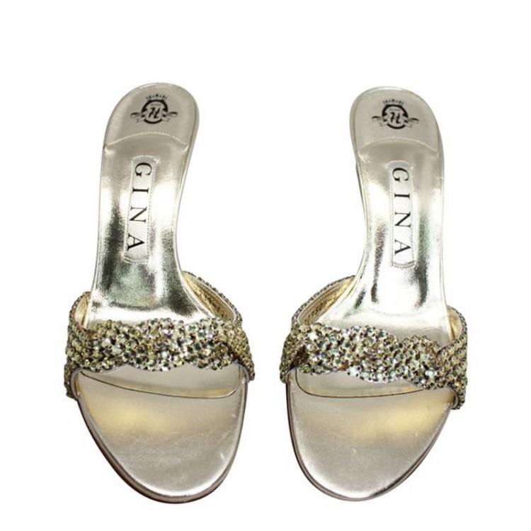 Pre Owned Gina Gold Multicolored Swarovski Strap Stiletto Sandals Size 37