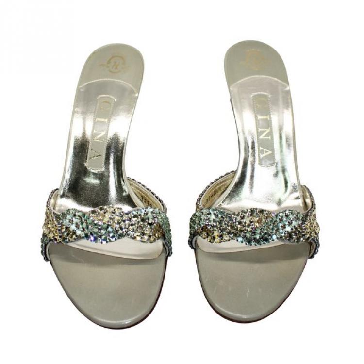 Pre Owned Gina Silver Multicolored Swarovski Stones Sandals Size 37