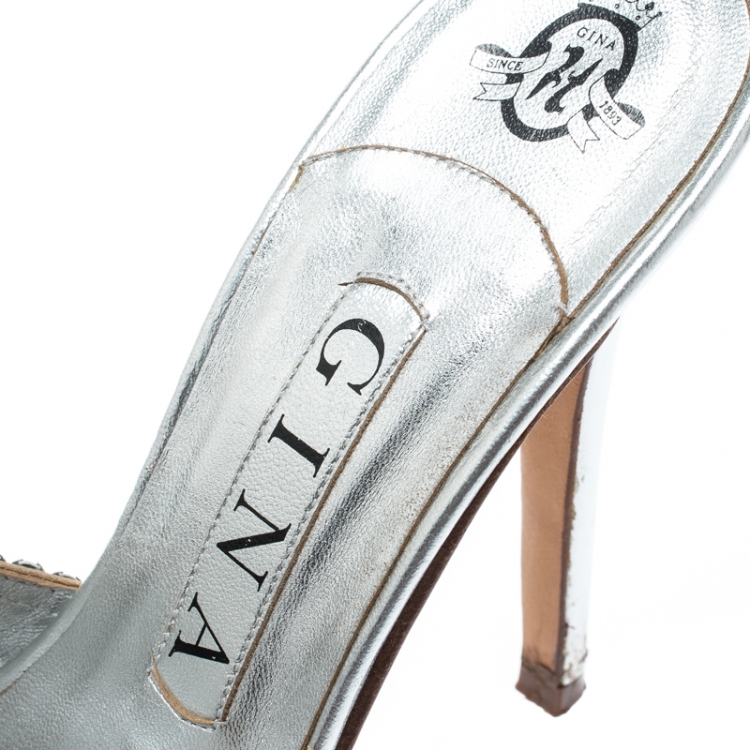 مملوكة مسبقًا Gina Silver Crystal Embellished Leather Platform Sandals Size 37.5