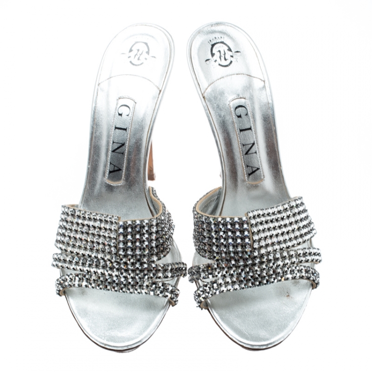 مملوكة مسبقًا Gina Silver Crystal Embellished Leather Platform Sandals Size 37.5