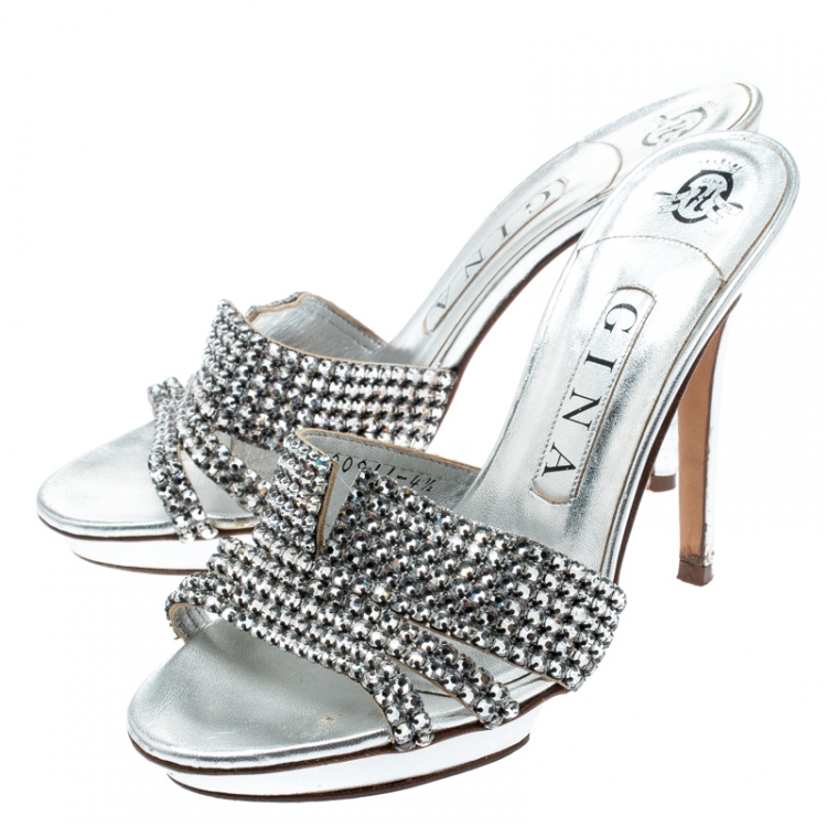 مملوكة مسبقًا Gina Silver Crystal Embellished Leather Platform Sandals Size 37.5