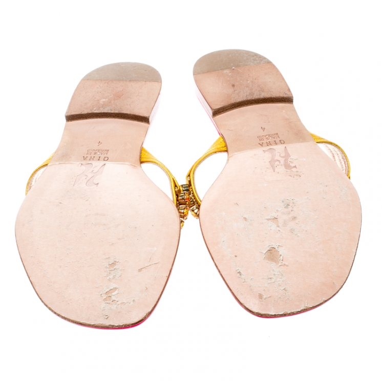 Pre Owned Gina Metallic Gold Crystal Embellished Thong Sandals Size 37