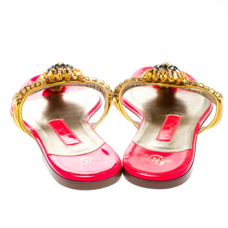 Pre Owned Gina Metallic Gold Crystal Embellished Thong Sandals Size 37