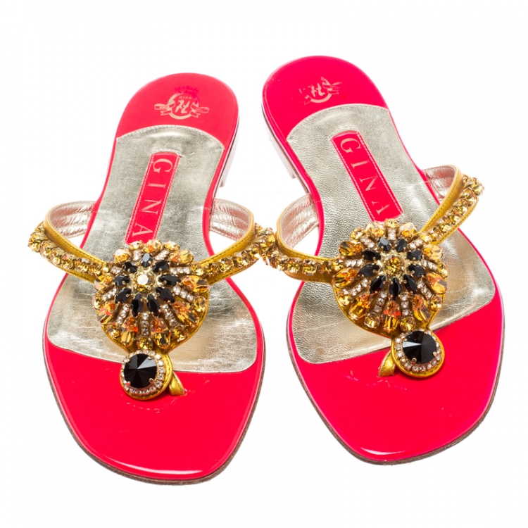 Pre Owned Gina Metallic Gold Crystal Embellished Thong Sandals Size 37