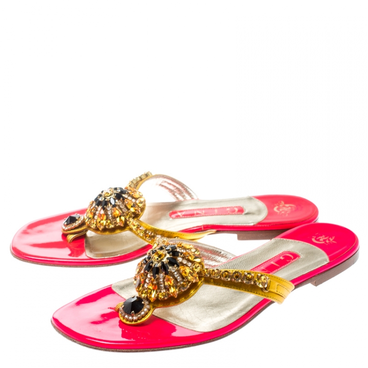 Pre Owned Gina Metallic Gold Crystal Embellished Thong Sandals Size 37