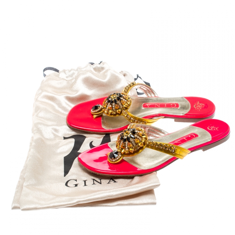 Pre Owned Gina Metallic Gold Crystal Embellished Thong Sandals Size 37