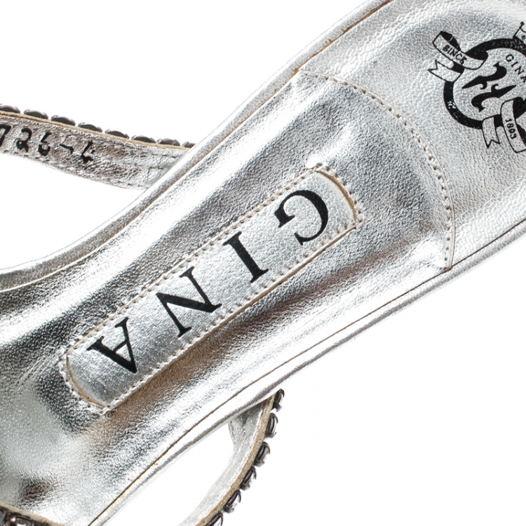 Pre Owned  Gina Metallic Silver Leather Crystal Embellished Sandals Size 37
