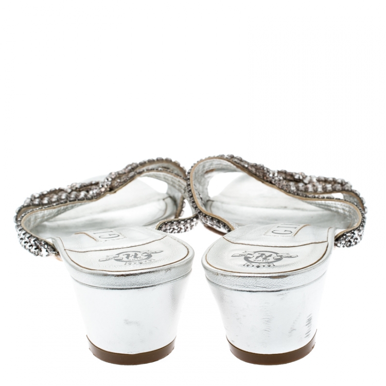 Pre Owned  Gina Metallic Silver Leather Crystal Embellished Sandals Size 37