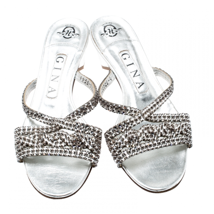 Pre Owned  Gina Metallic Silver Leather Crystal Embellished Sandals Size 37