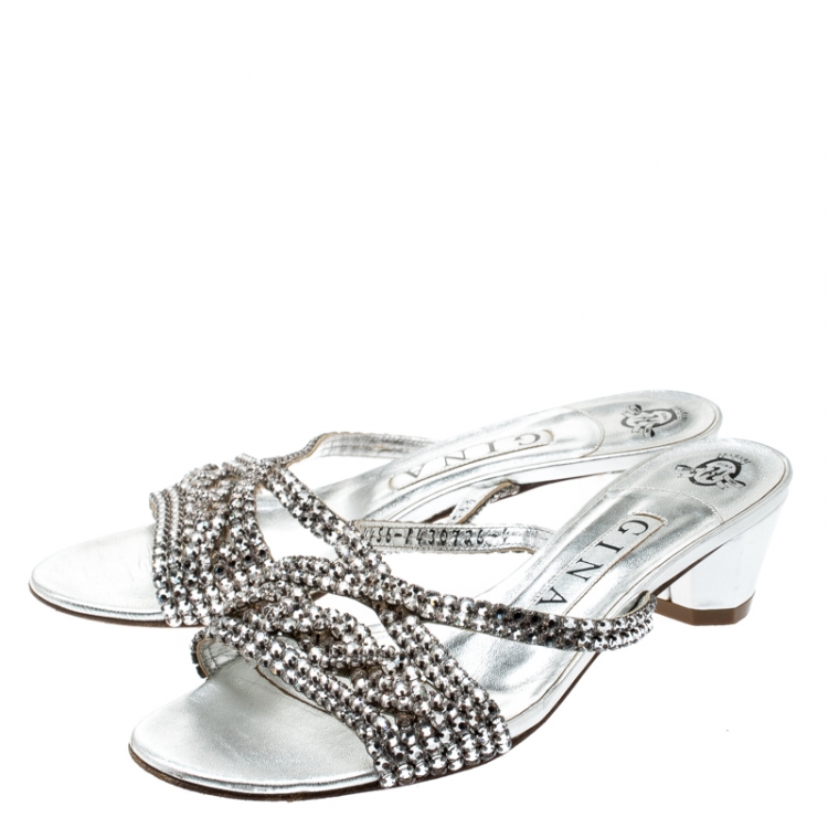 Pre Owned  Gina Metallic Silver Leather Crystal Embellished Sandals Size 37