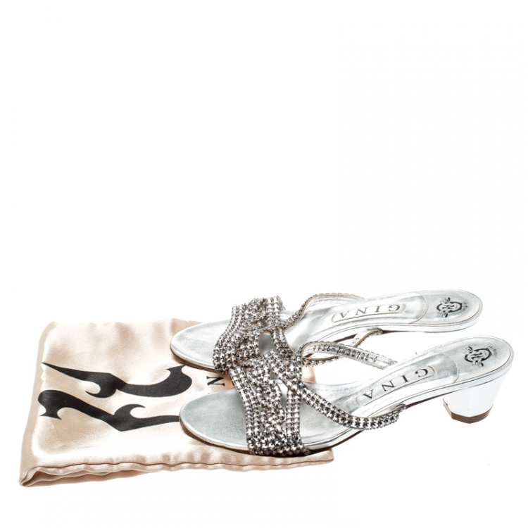 Pre Owned  Gina Metallic Silver Leather Crystal Embellished Sandals Size 37