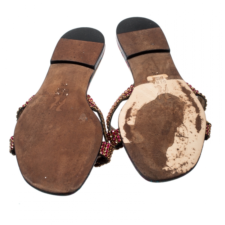 مملوكة مسبقًا Gina Pink Crystal Embellished Leather Flat Slides Size 39.5