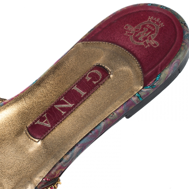 مملوكة مسبقًا Gina Pink Crystal Embellished Leather Flat Slides Size 39.5