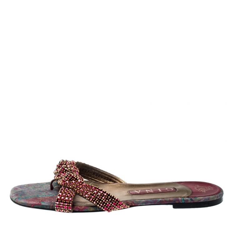 مملوكة مسبقًا Gina Pink Crystal Embellished Leather Flat Slides Size 39.5